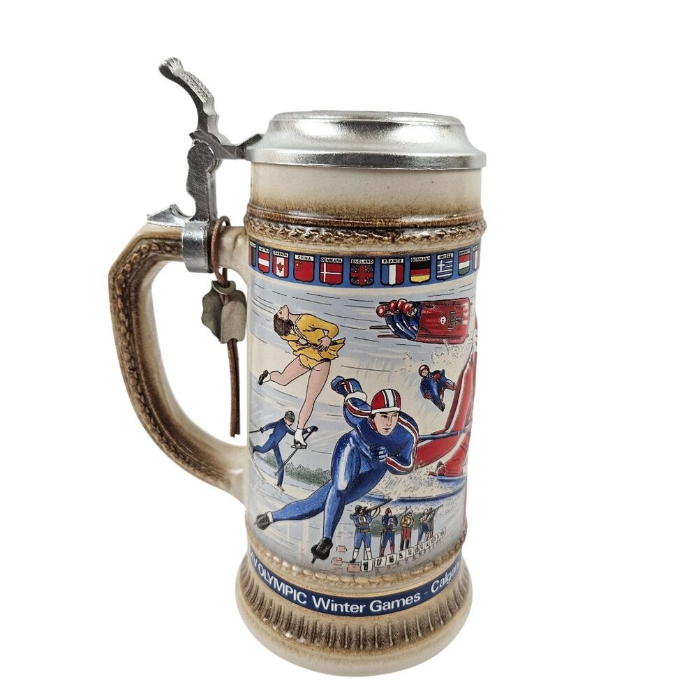 Busch Beer Stein Vintage 1988 Calgary Winter Olympics Pewter Lid Gerz W Germany